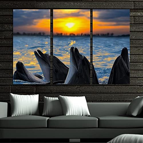 3 painéis Arte da parede de tela emoldurada Dolphins Sunset Sea Landscape Pinturas a óleo Arte doméstica moderna