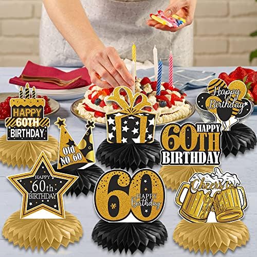 60º aniversário decoração honeycomb peças centrais para homens, 8 PCs Black Gold Cheers a 60 anos de