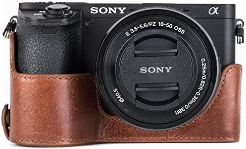 Megagear MG1204 Sony Alpha A6500 Câmera de couro genuíno sempre pronta Câmera e cinta com acesso à bateria, marrom escuro