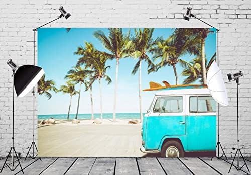 BELECO 12x8 pés de tecido de praia tropical carros vintage em praia com prancha de surf cenário de verão