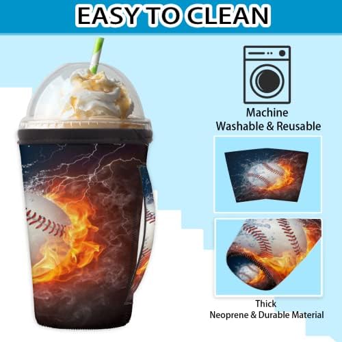 Baseball em fogo e água reutilizável de café gelado com manga de neoprene para refrigerante, café com leite, chá, bebidas, cerveja