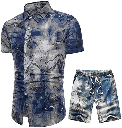 Masculino de 2 peças de verão masculino moda de verão top curto conjunto casual praia mangas curtas camisa de calça de calça solta
