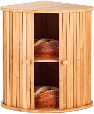 Caixa de pão de bambu para bancada de cozinha Tomkid Farmhouse Corner Pão Caixa de pão de 2 camadas Recipiente