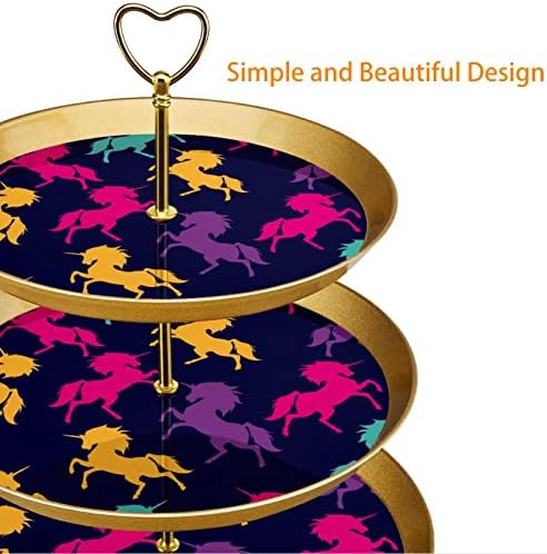 Stand de bolo de 3 camadas, unicórnios coloridos Torre de sobremesa de padrões de animais de cavalo,