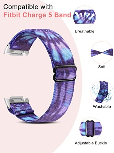 Wearlizer 3 pacotes de elástica ajustável compatível com Fitbit Charge 5 Bandas para homens homens, cinta de alça de loop macio de nylon esportes de pulseira acessórios para carga 5 rastreador de fitness