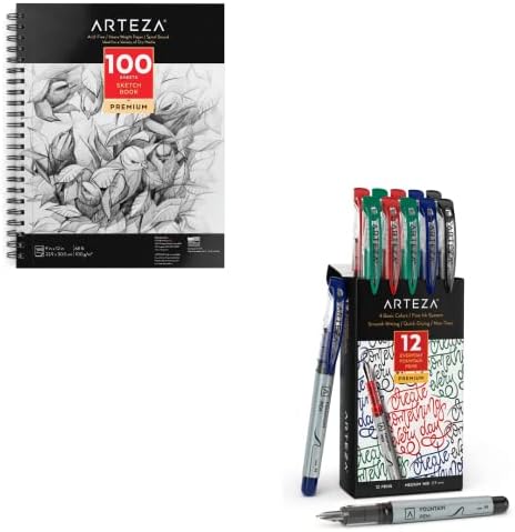 Arteza 9x12 Livro de esboço, 100 folhas e canetas de tinta descartáveis ​​Arteza, conjunto de 12, 4 cores