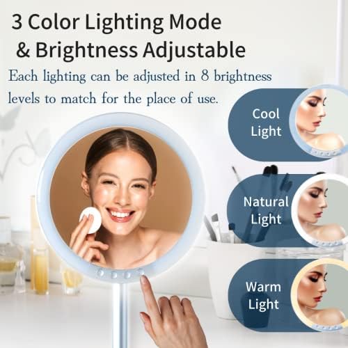 Espelho de maquiagem iluminado por Horiuchi LED - 3x de ampliação verdadeira, suporte de mesa, 3 luzes coloridas,