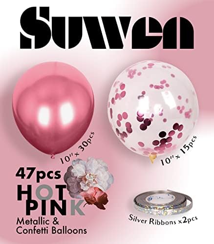 SUWEN METALIC HOT Pink Balões e balões de confete Conjunto de 47pcs Latex Helium Chrome Magenta