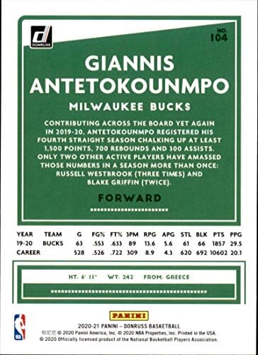 2020-21 Donruss 104 Giannis Antetokounmpo Milwaukee Bucks Basketball Card