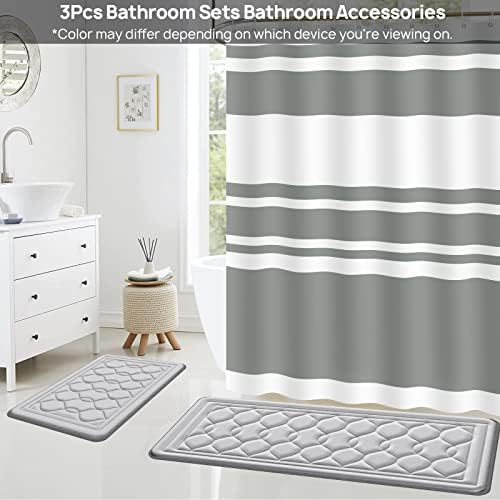 3 PCS Conjuntos de banheiro com cortina de chuveiro e tapetes e acessórios, cortina de chuveiro de tecido cinza