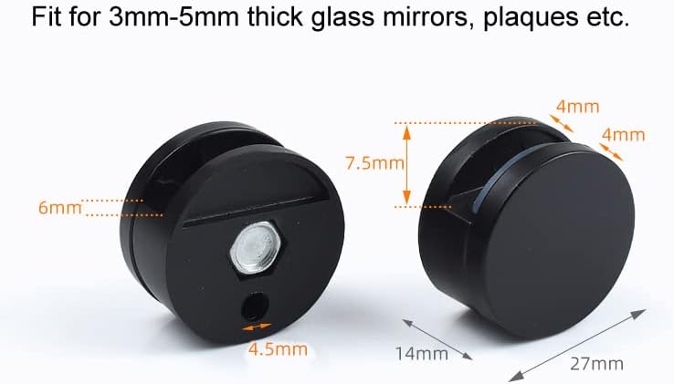 4 peças liga de zinco Clipes espelhos montados na parede Clipes suportes espelhos espelhos clipes de clipes de vidro Glamps por 3-5mm espelho de espessura, redondo, preto