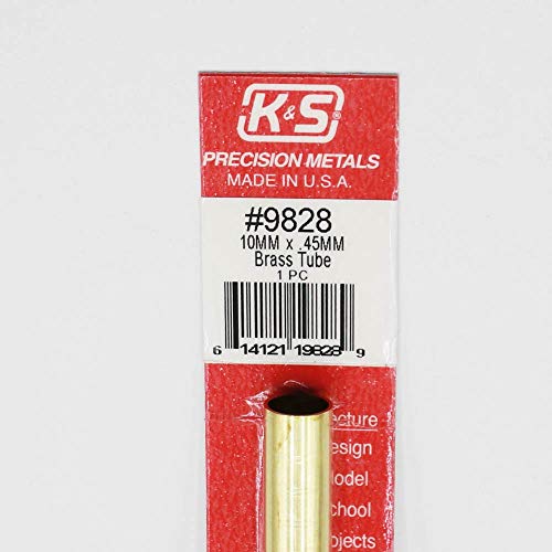 K & S9828 Tubo de latão redondo, 10 mm OD x 0,45mm parede x 300 mm de comprimento, 1 peça, feita nos EUA