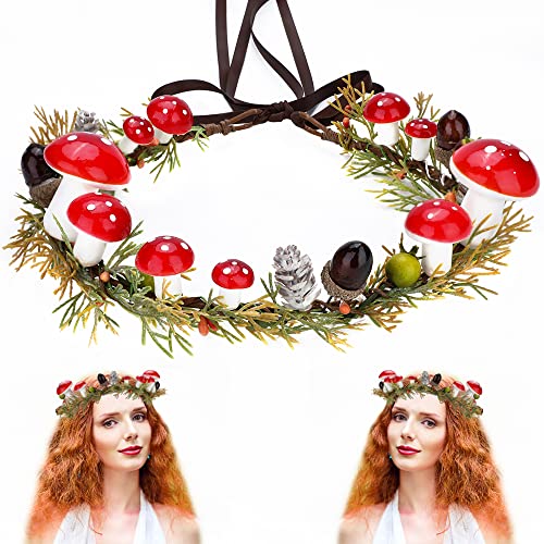 Mostory Flor Flor Mushroom Capacete da floresta Coroa de fada elfo bandeira da cabeça Evergreen Hair Wreatch Pingente Crystal Red Berries Circlet Tiara Coroa de Natal para Meninas