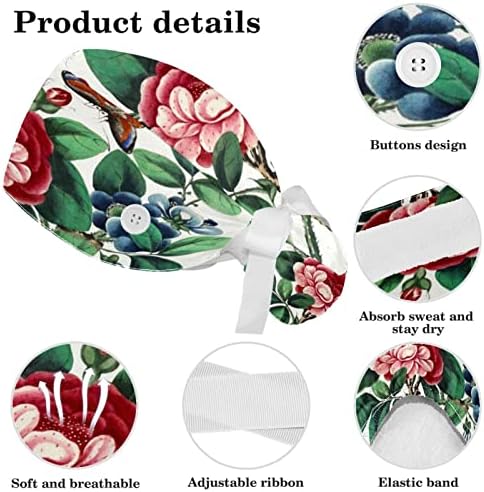 Chapéus de esfrega bouffante com botões de banda de moletom e tampas de bufante cirúrgico para mulheres, flores coloridas