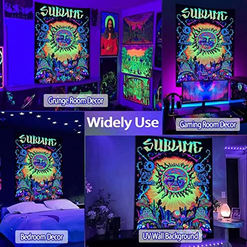 Lifeel sublime Blacklight Sun Tapestry Wall Hanging, Hippie Vertical Colorful Taquestres com Cacto de Cogumelo para o quarto Decoração reativa UV em casa 36 × 48 polegadas