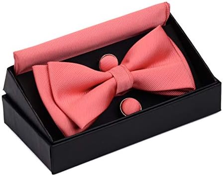 Gusleson Mens cor sólida cor de duas camadas gravata borboleta pré-amarrada e punho quadrado de bolso conjunto