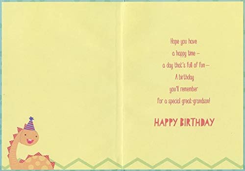 Saudações de designer 4 dinossauros e balões no cartão de aniversário juvenil amarelo zig zag para jovens