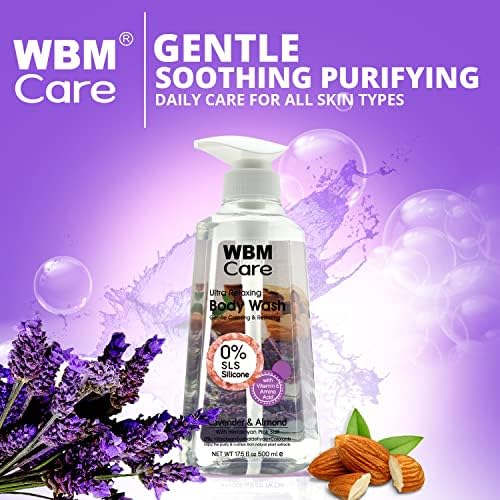 Lavagem corporal de cuidados com WBM, pele mais macia e suave com óleos essenciais de lavanda e amêndoa, nutrição profunda, gel de banho de cuidados com a pele, 17,5 fl oz/cada - pacote de 3