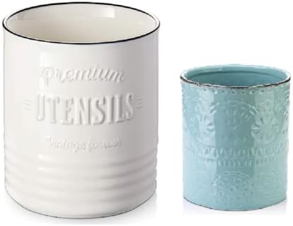 Dowan 7,2 ″ Extratário de utensílios de cozinha de cerâmica de cerâmica branca + dowan 7.2 ”Porcelana Blue Farmhouse Utensil titulares