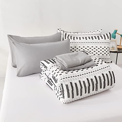 DJY BOHO Consolador conjunto da cama queen size em uma bolsa de 7 peças de 7 peças preto e branco tufado com roupas de cama chiques bordadas com lençóis e travesseiros, roupas de cama leves leves para toda a temporada