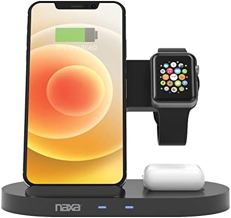 NAXA Electronics NAP-5003 Sistema de carregamento sem fio Smart Wireless 3 em 1 Com QI 15W Pad Pad Wireless e Qi 3W para telefones, Apple Watch e AirPods, preto