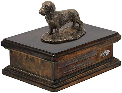 Dachshund WireHaired, urna para cães Ashes Memorial com estátua, nome do animal de estimação e citação - ARTDOG Personalizado