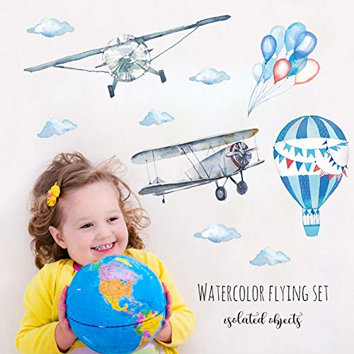 WallPark aquarela adesivo de parede de avião, aeronaves de balão de ar quente decalque removível
