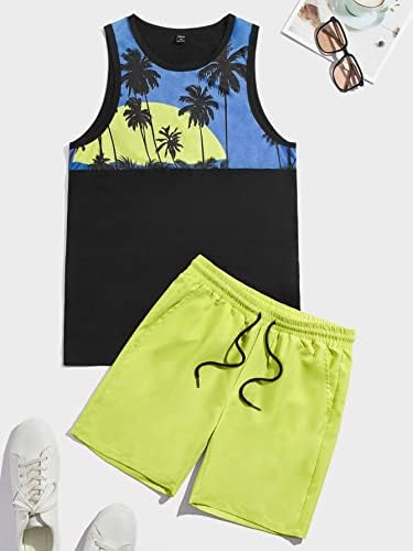 OSHHO Duas peças roupas para homens Tampa de tanque de colorido de impressão tropical e shorts de cintura de cordão