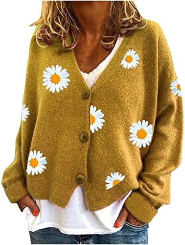 Daisy feminina estampa floral malha suéter de manga longa V Botão de pescoço para baixo Cardigan Open