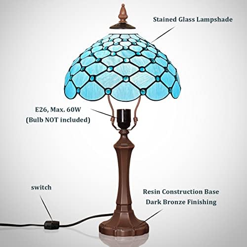 ThatYears Tiffany Table Lamp, Lâmpada de vitral de contas azuis do mar Lâmpada de vidro 12x12x19 polegadas Mesa de estilo vintage Leitura Decoração leve para quarto da sala