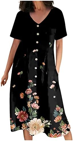 Vestidos de primavera feminina qfvzhy 2023 Botão de impressão floral casual V vestidos de linho de algodão curta