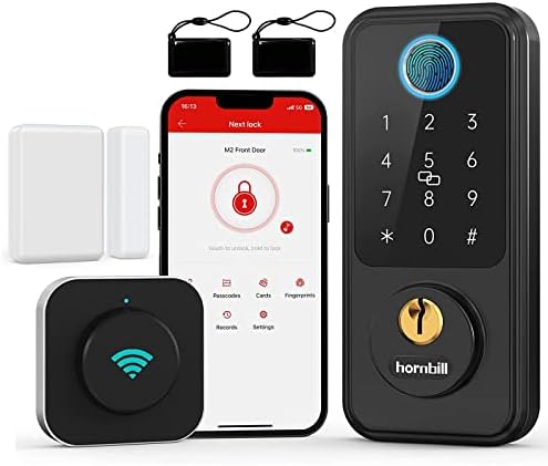 Hornbill Wi-Fi Smart Madbolt Lock com sensor de porta Lockless sem chave, bloqueio smart biométrico de impressão