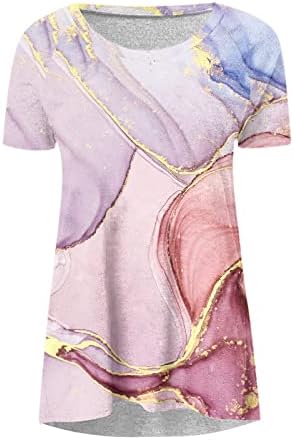 Mulher de manga curta feminino Gráfico de mármore gráfico solto Fit Relaxed Blouse camiseta Camisa de algodão para senhoras NR