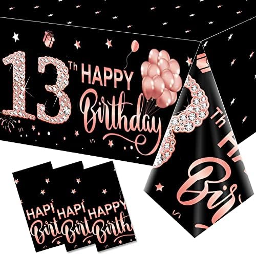 3 Pacote de 13º aniversário Decorações de toalha de mesa para meninas ， Rose Gold Feliz 13 Aniversário