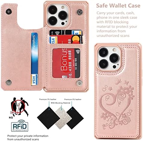 ICOvercase para iPhone 13 Pro Caixa de telefone com cartão de cartão, iPhone 13 Protle Wallet para mulheres com cinta, RFID bloqueando o estojo de couro em relevo para iPhone 13 Pro 6,1 polegadas