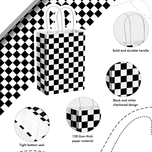 Outus 100 peças Sacos de tratamento de bandeira xadrez pretos e brancos bolsas de papel com manuseio sacolas