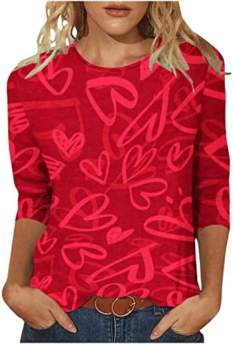 Camisas do Dia dos Namorados femininos adoram impressão de coração 3/4 de manga camiseta blusa na moda túnica de túnica redonda na túnica tee blusas