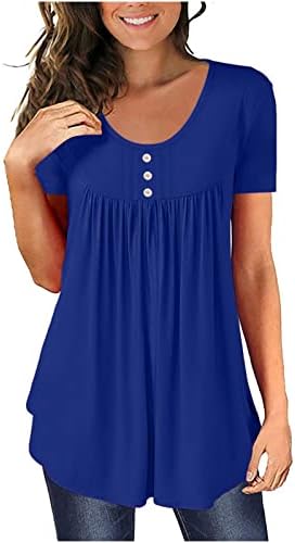 Lcepcy Summer Summer Casual Tunic Tops for Women Rould Neck Button Ruched T Camisetas sólidas LOLHA FIXA BLUSES DE MANACA CURTA