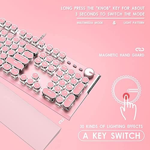 Teclado mecânico de estilo de máquina de escrever rosa e combo de bloco de mouse rosa grande, teclado