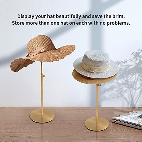 GT Display Hat Display Stand, Suporte de tampa de 7,09 polegadas de tamanho grande, base estável, altura ajustável, pacote de 2, material de aço inoxidável durável, ouro