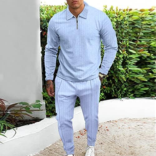 Blusa de zíper de colarinho de listra Two Men's Set Pants Peça Casual Pocket Casual Men Suits & Sets