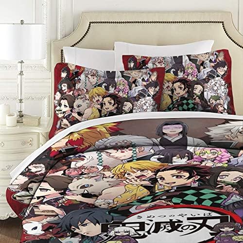 Anime Kimetsu No Yaiba Bedding Conjunto de tampa de edredão Conjunto de 3 peças Conjunto de cama para meninos Tampa de colcha de garotas 86 x 70 em lençol