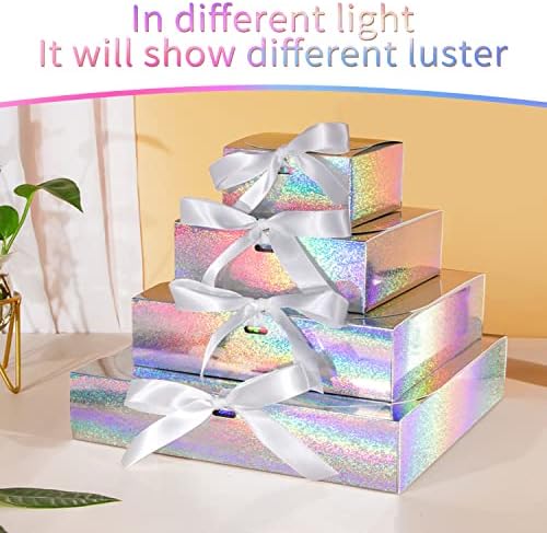 Caixa de presente holográfica de cor, com arcos e fitas, usados ​​para presentes de aniversário, embalagens de