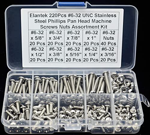 ELANTEK #6-32 UNC 304 Aço inoxidável Phillips Pan Head Machine parafusos Kit de sortimento