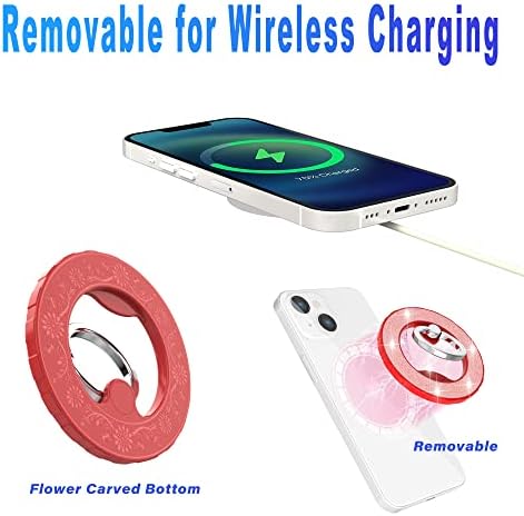 ROMSEA portador de anel magnético compatível com o MagSafe para iPhone 14 13 12, removível para carregamento sem fio, garra dobrável dobrável, vermelho