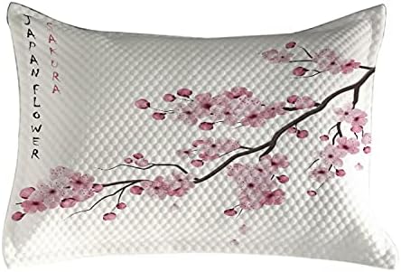 Ambesonne East acolchoado na capa de travesseiro, ilustração de galhos de cerejeira japonesa com flores florescentes com tema da primavera Boho Art, capa padrão de travesseiro de sotaque de tamanho queen para quarto, 30 x 20, branco rosa