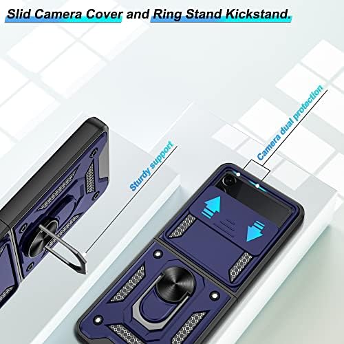 Atump for Samsung Galaxy Z Flip 4 Caixa com tampa da câmera deslizante, 360 ° Ring Kickstand [Caixa militar]
