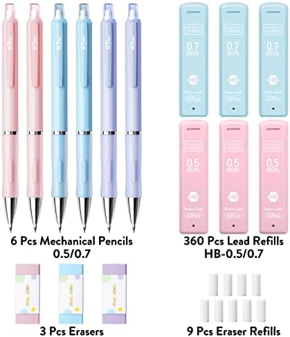 Conjunto de lápis mecânico pastel de quatrocendies - 6pcs de 0,5 mm e 0,7 mm de lápis mecânicos com refils