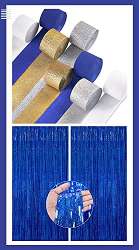 Partywoo 2 PCs Royal Blue Foil Fringe Curtain and Crepe Paper Streamers 8 Rolls