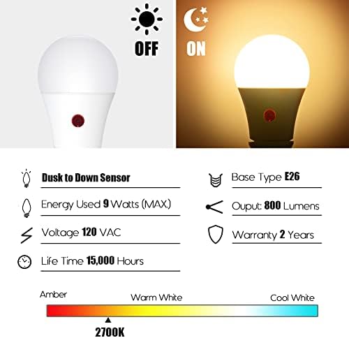Dusk Emoionlite Dusk to Dawn Sensor Bulbos ao ar livre, lâmpadas lideradas brancas quentes, 60 watts equivalente, automático On/Off, garagem, corredor, porão, tamanho A19, 9W, E26 Base média, 2 pacote